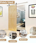 Interior view of 6.6Ft Brushed Nickel Sliding Barn Door Hardware Kit With J Shape Hangers installed in room opening
