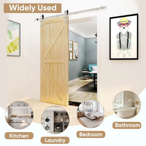 Interior view of 6.6Ft Brushed Nickel Sliding Barn Door Hardware Kit With J Shape Hangers installed in room opening