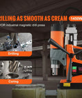 Heavy Duty Magnetic Drill Press Featuring Killer 1450W Copper Motor And Rock Solid 2810 LB Anchor On Steel Plates With 11 Pro Gear Core Bits For Zero Sweat Metal Drilling.