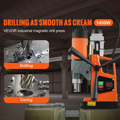 Heavy Duty Magnetic Drill Press Featuring Killer 1450W Copper Motor And Rock Solid 2810 LB Anchor On Steel Plates With 11 Pro Gear Core Bits For Zero Sweat Metal Drilling.