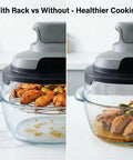 Solid Heavy Duty Two Piece Stainless Steel Crisper Rack Compatible With Ninja Crispi Air Fryer FN101 And AS101 with food on rack.