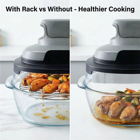 Solid Heavy Duty Two Piece Stainless Steel Crisper Rack Compatible With Ninja Crispi Air Fryer FN101 And AS101 with food on rack.