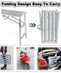 Heavy Duty Foldable Scaffold Ladder With Sure Footing Steps Adjustable Height Work Platform Tower Stool Built Like A Tank For Welding And Crew Jobs Rated Eight Eighty Pounds shown in folded and carrying positions.