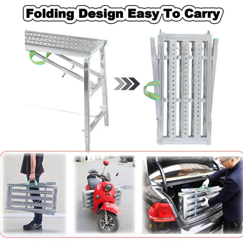 Heavy Duty Foldable Scaffold Ladder With Sure Footing Steps Adjustable Height Work Platform Tower Stool Built Like A Tank For Welding And Crew Jobs Rated Eight Eighty Pounds shown in folded and carrying positions.