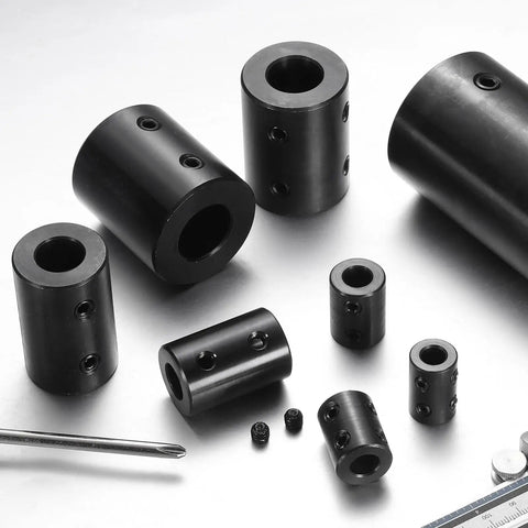 Rock-Solid Rigid Shaft Coupling 5/16 Inch Bore, 5/8 Inch OD, 1 Inch Length, Black Oxide Plated Steel With Hex Wrench For 3D Printers, Motors And Wheels, Includes Four Screws Each Piece, shown with set screws