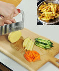 Two-pack stainless steel crinkle veggie cutter with wooden handles shown slicing potatoes on a cutting board