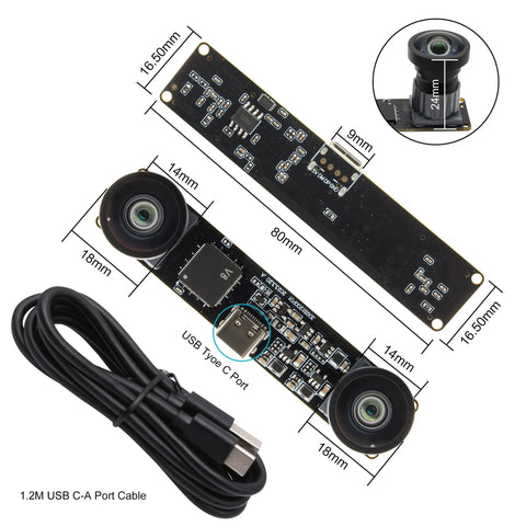 High Speed 1200P 60FPS Global Shutter USB Camera With Dual M12 Lenses 3D Stereo Wide Angle, shown with USB cable included.