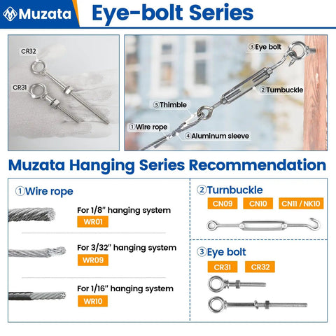 Wire rope and turnbuckle system with eye bolts, part of Muzata Hanging Series, featuring Set Of Five Eye Bolts With One Quarter Inch Thread Three Inch Overall Length T316 Stainless Steel Marine Grade Includes Nuts Washers And Drill Bit Heavy Duty Shoulder Lifting Ring