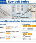 Infographic showcasing Muzata Eye-bolt Series, including wire rope, turnbuckle, and eyebolts CR31 and CR32 for hanging systems.