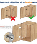 European Style Kitchen Cabinet Hinges With Silky Soft Close Action Half Overlay Design For Modern Frameless Doors 4 Pack diagram showing correct installation for frameless cabinets.