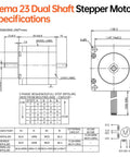 Nema 23 dual-shaft stepper motor schematic with front and side views, mm dimensions, and wiring table.