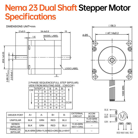 Nema 23 dual-shaft stepper motor schematic with front and side views, mm dimensions, and wiring table.