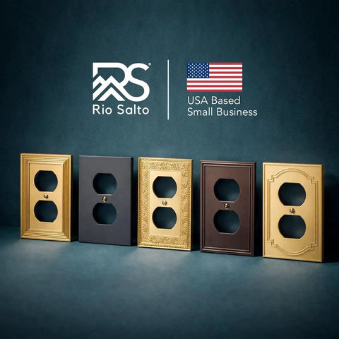 Five brass outlet covers in varying designs and finishes, including brushed gold 1-gang decorative wall plates for duplex receptacles.