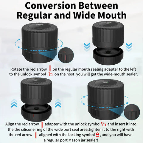 Electric Mason Jar Vacuum Sealer Kit conversion between regular and wide mouth adapters, shown in instructional diagrams.
