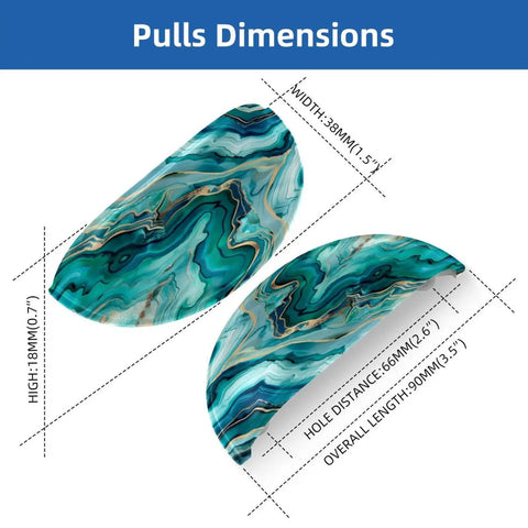 Premium Teal Marble Cabinet Cup Pulls with dimensions 90mm length and 66mm hole centers for kitchen and vanity use.