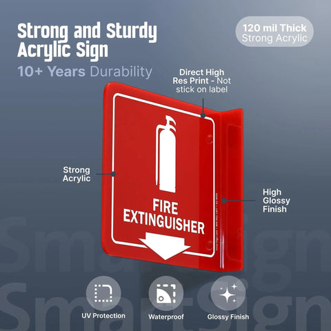 Fire Extinguisher Projecting Sign With Down Arrow 6 Inch Polished Acrylic Visible From Both Directions L Bend Wall Mount 120 Mil High Impact Signage For Hallways Durable Fire Safety Indicator