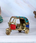 Dope Vintage Brass Auto Rickshaw Miniature Showpiece For Living Room Decor tabletop accent with colorful gems, 4.5 x 2.4 x 3 inches.