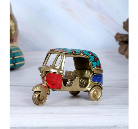 Dope Vintage Brass Auto Rickshaw Miniature Showpiece For Living Room Decor tabletop accent with colorful gems, 4.5 x 2.4 x 3 inches.
