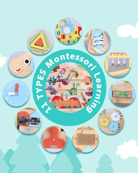 Kid Approved Dinosaur Wall Busy Board Fun Foldable Montessori Learning Center For Kids Ages 3 To 7 with colorful sensory features.