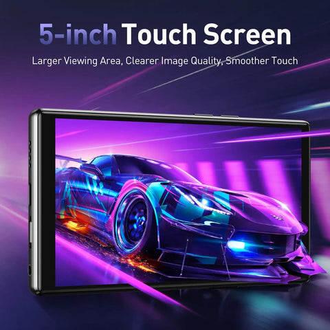 Side view of 5 Inch Touchscreen MP3 Player With 128GB Real Storage, Bluetooth, WiFi, Android 13, displaying a vibrant car graphic.