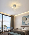 4 Light Crystal Sputnik Ceiling Fixture Chrome Finish Semi Flush Mount For Bedroom Kitchen Hallway Entryway And Bathroom With G9 LED Bulbs Not Included 9.5 Inches High By 17.7 Inches Wide Sleek Glam Statement Light installed in modern bedroom