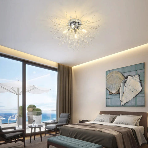 4 Light Crystal Sputnik Ceiling Fixture Chrome Finish Semi Flush Mount For Bedroom Kitchen Hallway Entryway And Bathroom With G9 LED Bulbs Not Included 9.5 Inches High By 17.7 Inches Wide Sleek Glam Statement Light installed in modern bedroom