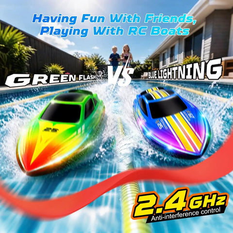 Two Pack RC Boat Set For Pools And Lakes, Self Righting Remote Control Boats With RGB Lights, racing in a pool