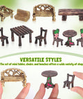Miniature Fairy Garden Furniture Set Of 10 Resin Tables And Chairs For Terrariums And Dollhouses Rustic Wood Grain Look With Realistic Painted Details Totally Adorable For Succulents Moss And Landscape Garden Decor, shown in various styles.