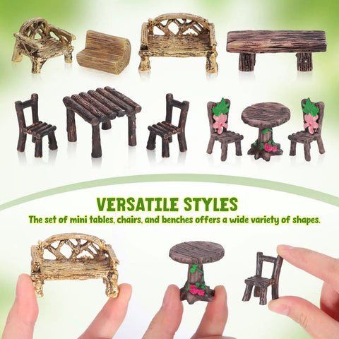 Miniature Fairy Garden Furniture Set Of 10 Resin Tables And Chairs For Terrariums And Dollhouses Rustic Wood Grain Look With Realistic Painted Details Totally Adorable For Succulents Moss And Landscape Garden Decor, shown in various styles.