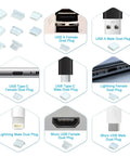 Ultimate 70 Piece USB Dust Cover Kit with Silicone Port Plugs for USB A, Micro USB, Type C, and Lightning Ports, shown with brushes