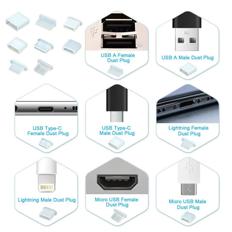 Ultimate 70 Piece USB Dust Cover Kit with Silicone Port Plugs for USB A, Micro USB, Type C, and Lightning Ports, shown with brushes