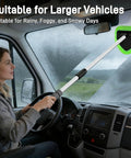 Windshield cleaner tool with extendable metal handle and green microfiber pad