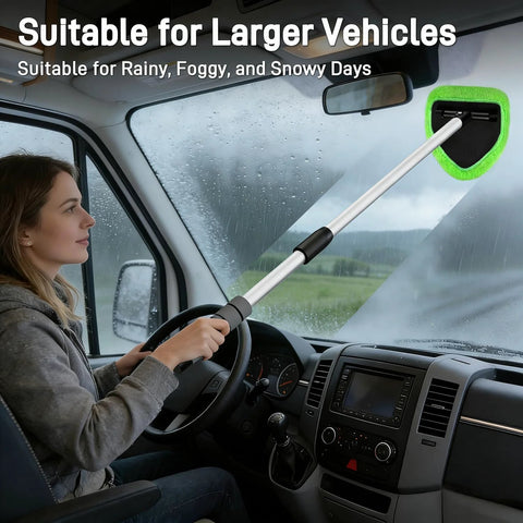Windshield cleaner tool with extendable metal handle and green microfiber pad