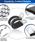 111 Piece Cable Clamp Set With Ten Sizes For Wires And Hoses 304 Stainless Steel P Clamps With Rubber Cushions shown with details