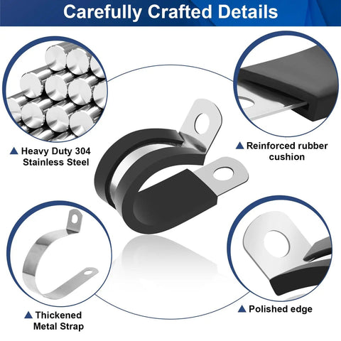 111 Piece Cable Clamp Set With Ten Sizes For Wires And Hoses 304 Stainless Steel P Clamps With Rubber Cushions shown with details
