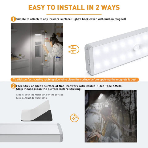 Rechargeable Motion Sensor Closet Light With Charging Station For Wardrobe And Kitchen 20 LED Dimmer Under Cabinet Lighting shown with installation guide