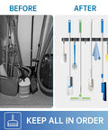 Before and after of 2 Pack Broom Holder Wall Mount With 4 Racks And 5 Hooks Mop Organizer Beefy Stainless Steel Heavy Duty Garage Storage Racks For Home Kitchen Garden Laundry Black showing organized tools.