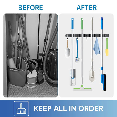 Before and after of 2 Pack Broom Holder Wall Mount With 4 Racks And 5 Hooks Mop Organizer Beefy Stainless Steel Heavy Duty Garage Storage Racks For Home Kitchen Garden Laundry Black showing organized tools.