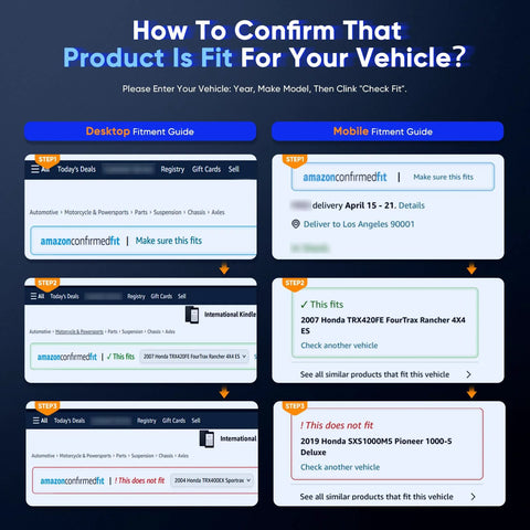 Screenshot showing how to confirm product fit for vehicle on Amazon, with steps for desktop and mobile fitment guide.