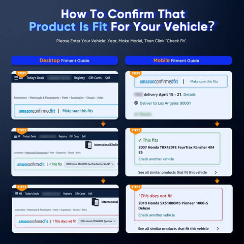Desktop and mobile fitment guide showing how to confirm product fit for vehicles with steps and examples.