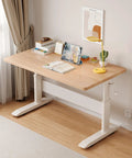 Built Like A Tank Height Adjustable Standing Desk With Solid Wood Top And Heavy Gauge Steel Frame Featuring Deep Storage Drawer To Crush Your Home Office Workflow Or Remote Setup Routine, shown in a bright workspace.