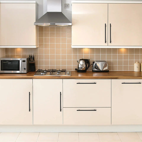 Modern kitchen with Matte Black 10 Inch Cabinet Handles Set Of 20 Stainless Steel Drawer Pulls For Kitchen Cabinets, 7.5 Inch Center To Center, Durable Modern Hardware, Easy Install, Sleek Upgrade For Any Cabinet Makeover.