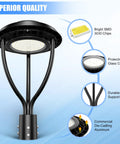 80W LED Post Top Light With Photocell, Adjustable CCT 3000K 4000K 5000K, showing SMD chips, glass cover, and support rods
