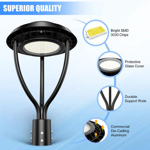 80W LED Post Top Light With Photocell, Adjustable CCT 3000K 4000K 5000K, showing SMD chips, glass cover, and support rods