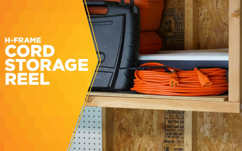 Light Duty Extension Cord Wrap Reel With Built In Handle Holds Up To 100 Feet Of 16 Gauge 3 Conductor Cord Durable H Frame Cable Organizer for garage storage