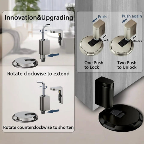 Mechanical Door Stop With Locking Action No Magnetic Floor Door Holder For Gaps Up To 1.2 Inches Adjustable Height Nail Free Or Screw In Matte Black 1 Pack showing installation and locking mechanism