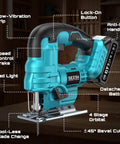 Cordless Jigsaw With Dual 21V 2Ah Batteries And Charger, Workhorse For Wood Projects, Bevel Up To 45 Degrees, 4 Orbital Actions, Variable Speed, Mini Jig Saw With 9 Blades, LED Light, Lock On Button, And Storage Bag on wooden table.