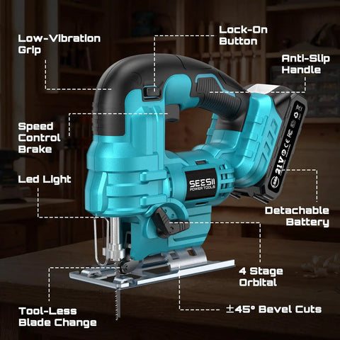Cordless Jigsaw With Dual 21V 2Ah Batteries And Charger, Workhorse For Wood Projects, Bevel Up To 45 Degrees, 4 Orbital Actions, Variable Speed, Mini Jig Saw With 9 Blades, LED Light, Lock On Button, And Storage Bag on wooden table.