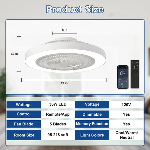 Bladeless Flush Mount Ceiling Fan With Light And Remote Control 19 Inch Low Profile DC Motor Smart App Control Dimmable LED