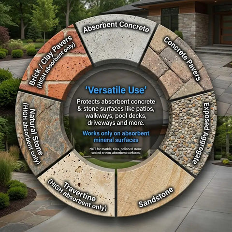 Pro Level Penetrating Concrete And Stone Sealant For Indoor Or Outdoor Areas showing absorbent surfaces for pavers and driveways.